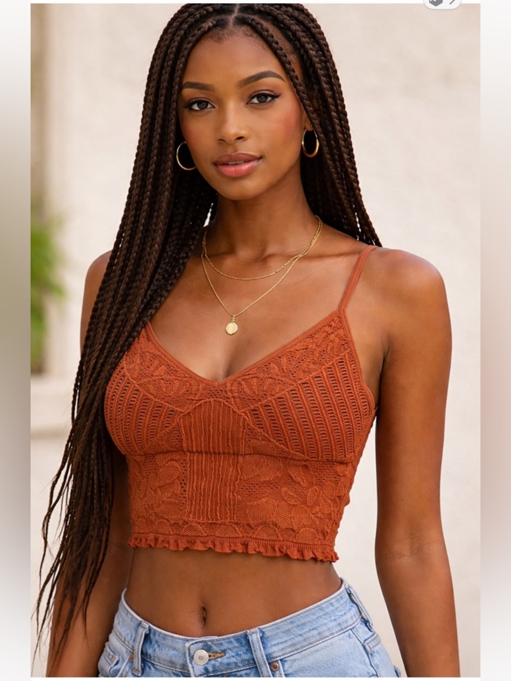 Y2K 90’s Cropped Lace Cami Tank Top Rust Orange Lightweight Knit Padded Size S/M